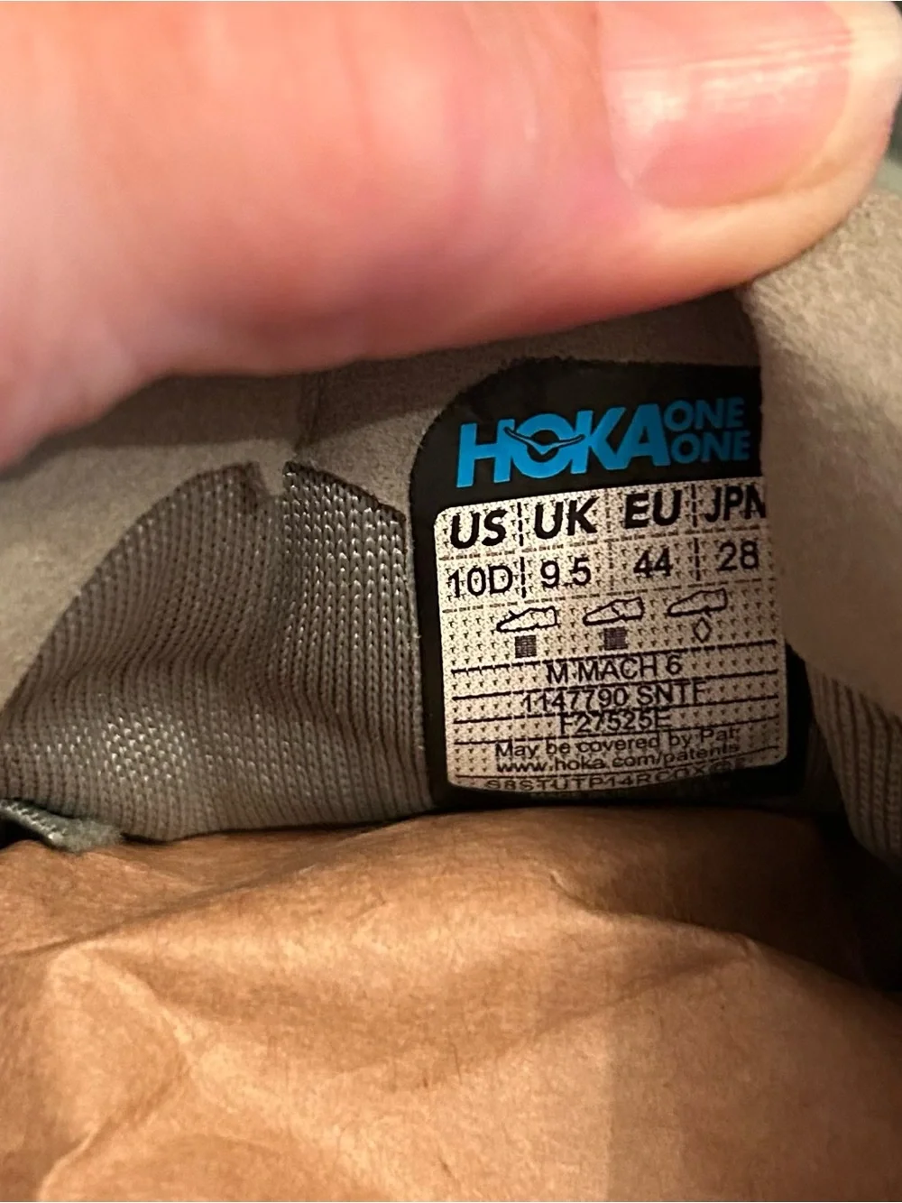 Men’s Hoka One One Gray and Blue Running Shoe Interior Label